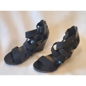 BCBG Black Bruce Elastic Strappy Zip Back Platform Heels, Size 7.5M